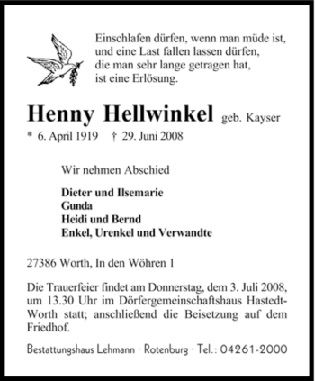 Traueranzeige von Henny Hellwinkel von KREISZEITUNG SYKE