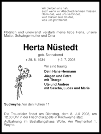 Traueranzeige von Herta Nüstedt von KREISZEITUNG SYKE