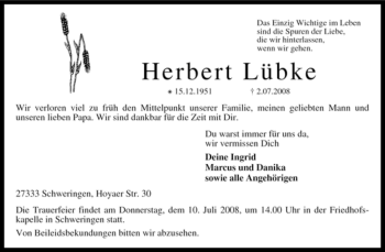 Traueranzeige von Herbert Lübke von KREISZEITUNG SYKE