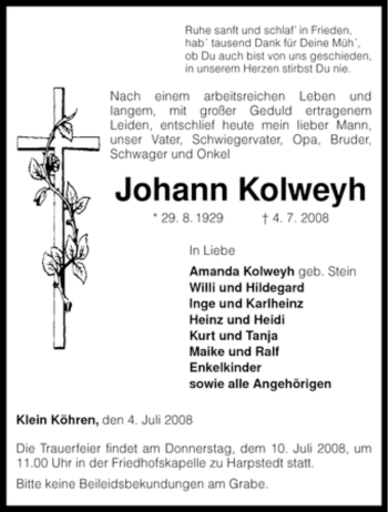 Traueranzeige von Johann Kolweyh von KREISZEITUNG SYKE