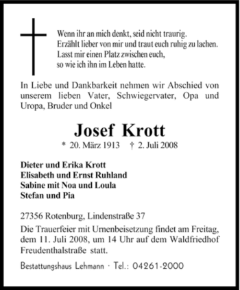 Traueranzeige von Josef Krott von KREISZEITUNG SYKE