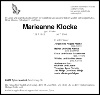 Traueranzeige von Marieanne Klocke von KREISZEITUNG SYKE