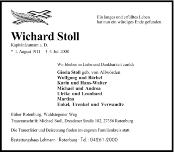 Traueranzeige von Wichard Stoll von KREISZEITUNG SYKE