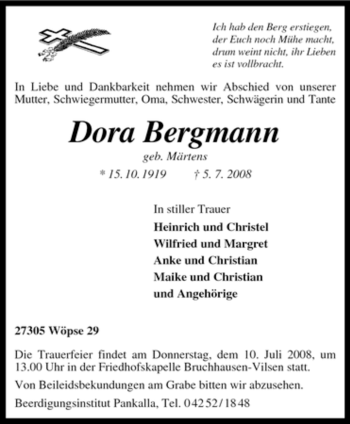 Traueranzeige von Dora Bergmann von KREISZEITUNG SYKE