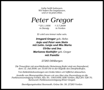 Traueranzeige von Peter Gregor von KREISZEITUNG SYKE