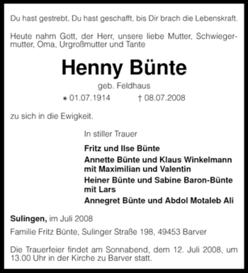 Traueranzeige von Henny Bünte von KREISZEITUNG SYKE