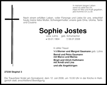 Traueranzeige von Sophie Jostes von KREISZEITUNG SYKE