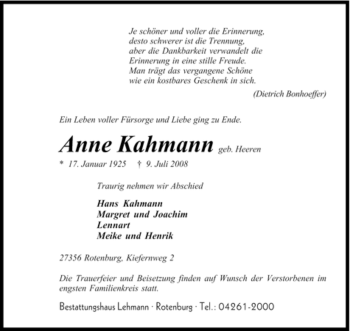 Traueranzeige von Anne Kahmann von KREISZEITUNG SYKE
