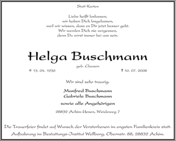 Traueranzeige von Helga Buschmann von KREISZEITUNG SYKE