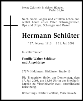 Traueranzeige von Hermann Schlüter von KREISZEITUNG SYKE