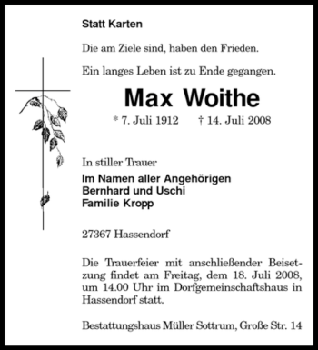 Traueranzeige von Max Woithe von KREISZEITUNG SYKE