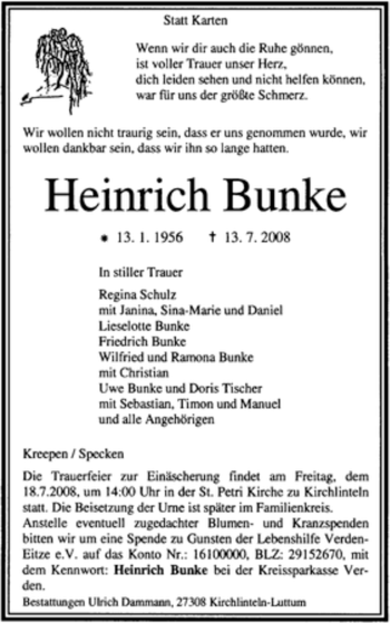 Traueranzeige von Heinrich Bunke von KREISZEITUNG SYKE