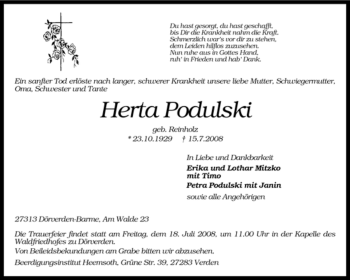 Traueranzeige von Herta Podulski von KREISZEITUNG SYKE