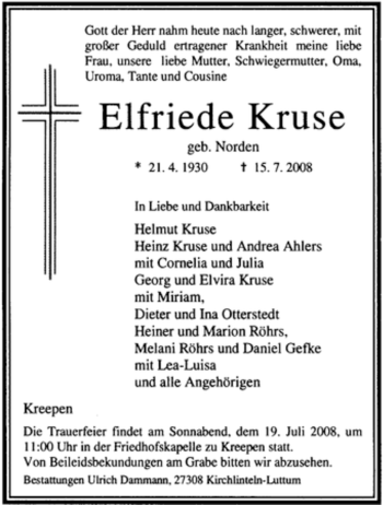 Traueranzeige von Elfriede Kruse von KREISZEITUNG SYKE