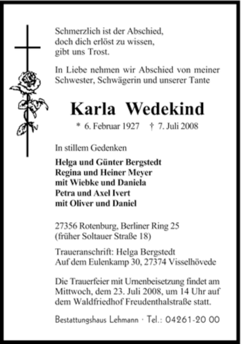Traueranzeige von Karla Wedekind von KREISZEITUNG SYKE