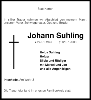 Traueranzeige von Johann Suhling von KREISZEITUNG SYKE