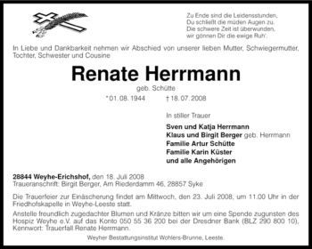 Traueranzeige von Renate Herrmann von KREISZEITUNG SYKE