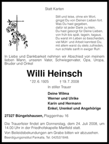 Traueranzeige von Willi Heinsch von KREISZEITUNG SYKE