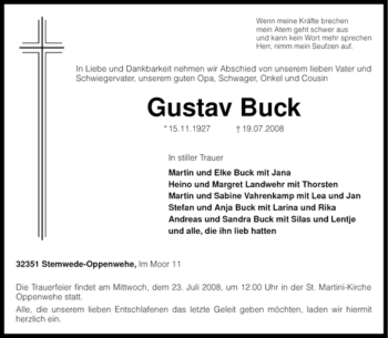 Traueranzeige von Gustav Buck von KREISZEITUNG SYKE