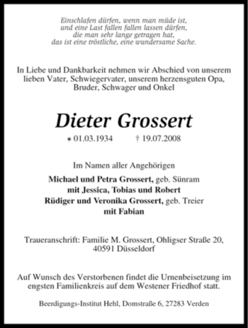 Traueranzeige von Dieter Grossert von KREISZEITUNG SYKE