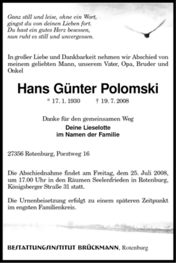 Traueranzeige von Hans Günter Polomski von KREISZEITUNG SYKE