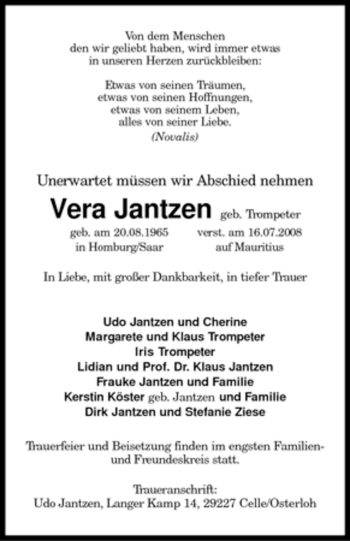 Traueranzeige von Vera Jantzen von KREISZEITUNG SYKE