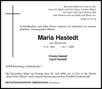 Traueranzeige von Maria Hastedt von KREISZEITUNG SYKE