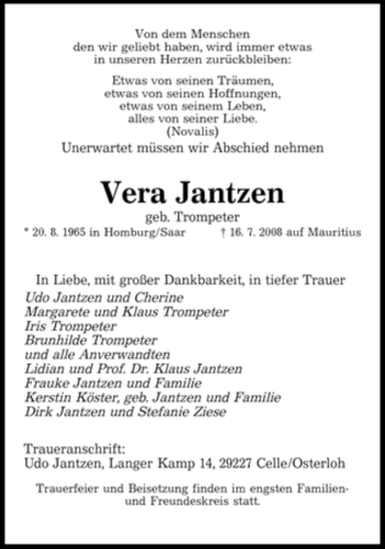 Traueranzeige von Vera Jantzen 