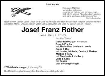 Traueranzeige von Josef Franz Rother von KREISZEITUNG SYKE