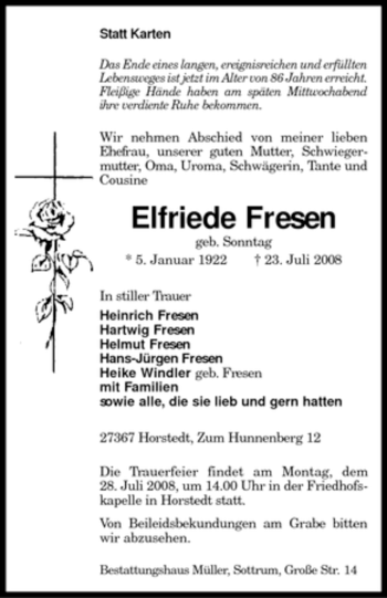 Traueranzeige von Elfriede Fresen von KREISZEITUNG SYKE