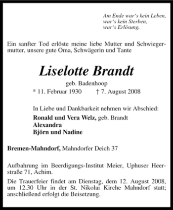Traueranzeige von Liselotte Brandt von KREISZEITUNG SYKE