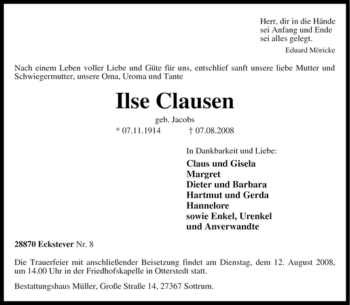 Traueranzeige von Ilse Clausen von KREISZEITUNG SYKE