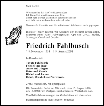 Traueranzeige von Friedrich Fahlbusch von KREISZEITUNG SYKE