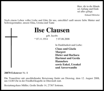 Traueranzeige von Ilse Clausen von KREISZEITUNG SYKE