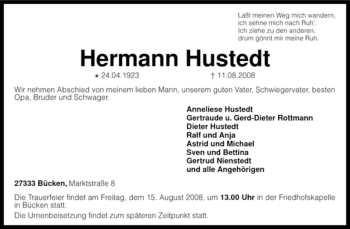 Traueranzeige von Hermann Hustedt von KREISZEITUNG SYKE