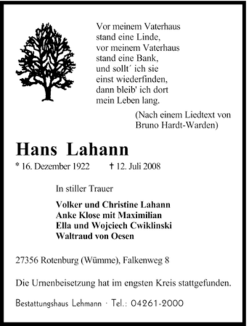 Traueranzeige von Hans Lahann von KREISZEITUNG SYKE