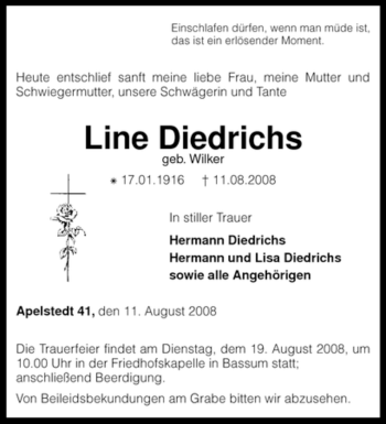 Traueranzeige von Line Diedrichs von KREISZEITUNG SYKE