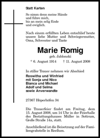 Traueranzeige von Marie Romig von KREISZEITUNG SYKE