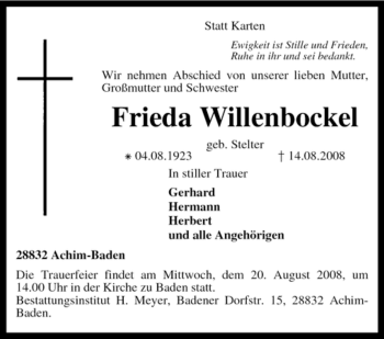 Traueranzeige von Frieda Willenbockel von KREISZEITUNG SYKE