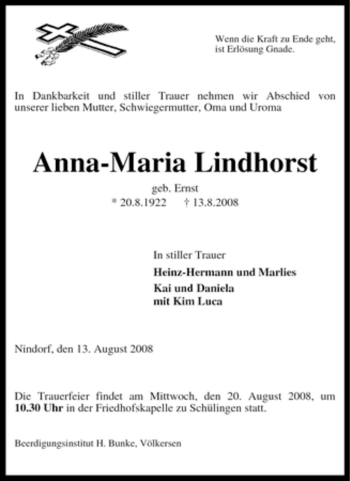 Traueranzeige von Anna-Maria Lindhorst von KREISZEITUNG SYKE