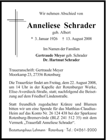 Traueranzeige von Anneliese Schrader von KREISZEITUNG SYKE