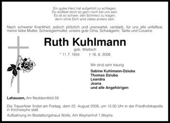 Traueranzeige von Ruth Kuhlmann von KREISZEITUNG SYKE