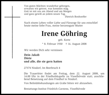 Traueranzeige von Irene Ghring von KREISZEITUNG SYKE