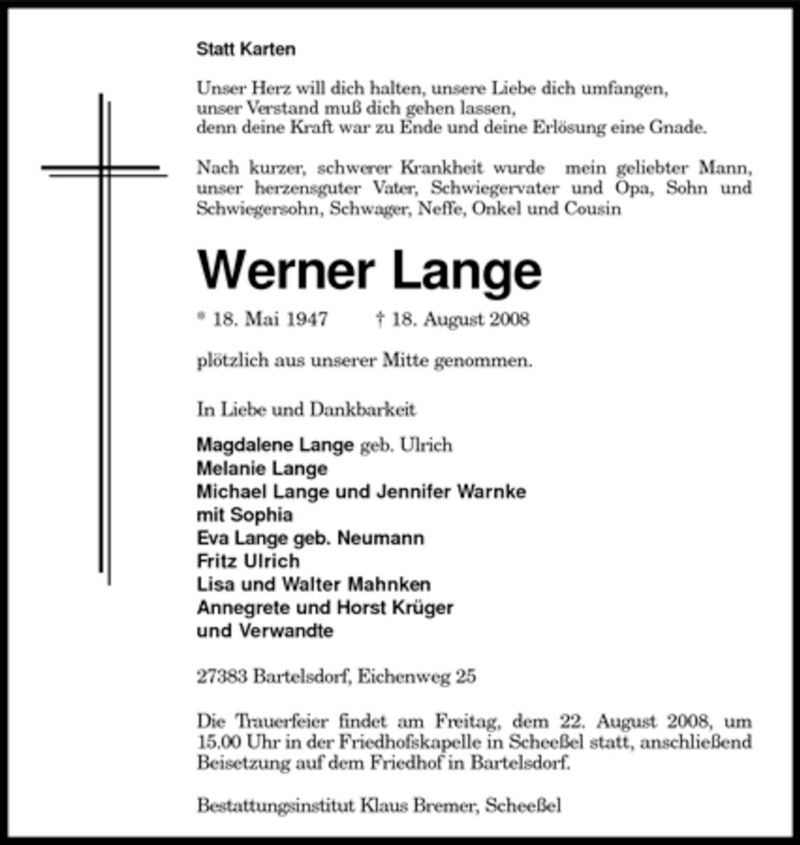  Traueranzeige für Werner Lange vom 20.08.2008 aus KREISZEITUNG SYKE