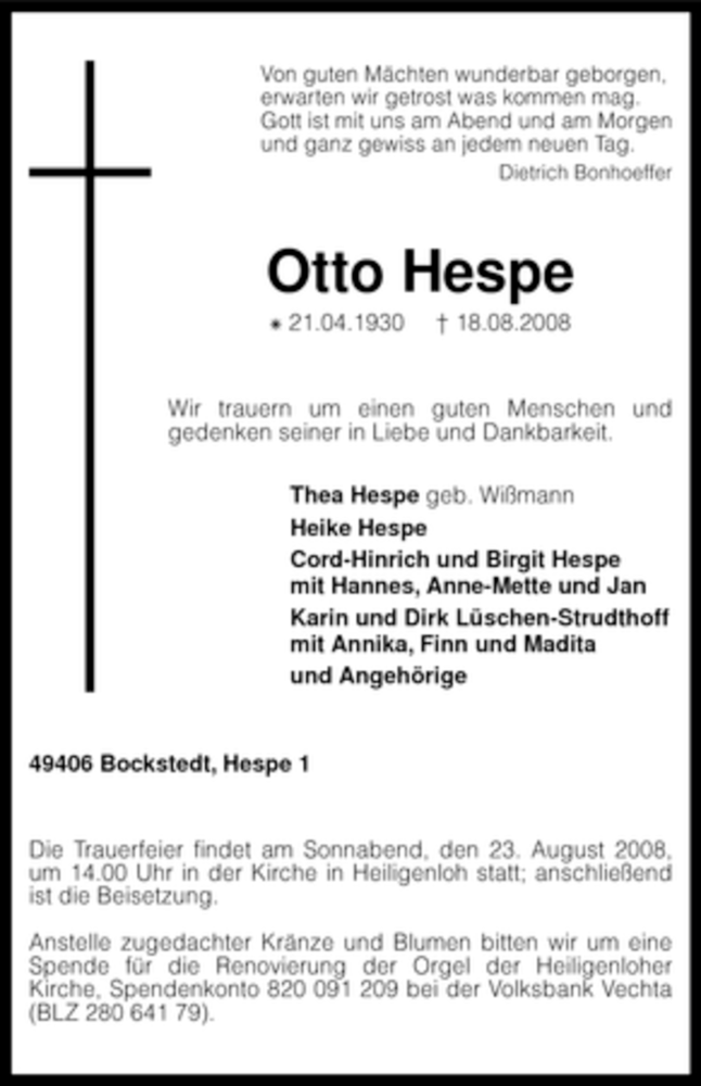  Traueranzeige für Otto Hespe vom 20.08.2008 aus KREISZEITUNG SYKE