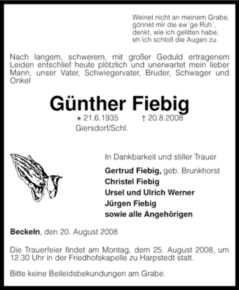  Traueranzeige für Günther Fiebig vom 22.08.2008 aus KREISZEITUNG SYKE