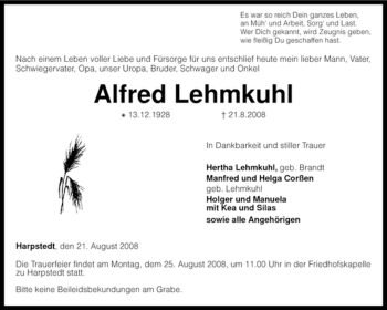 Traueranzeige von Alfred Lehmkuhl von KREISZEITUNG SYKE