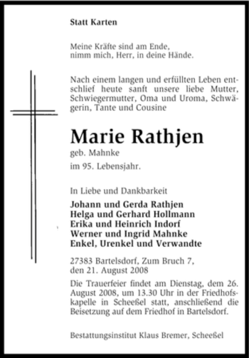 Traueranzeige von Marie Rathjen von KREISZEITUNG SYKE