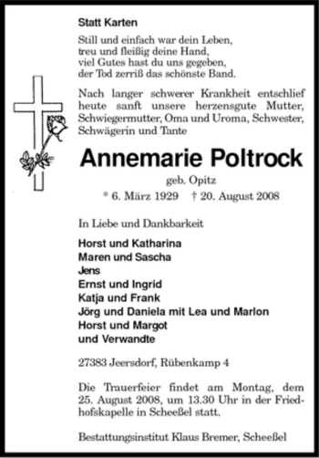 Traueranzeige von Annemarie Poltrock von KREISZEITUNG SYKE