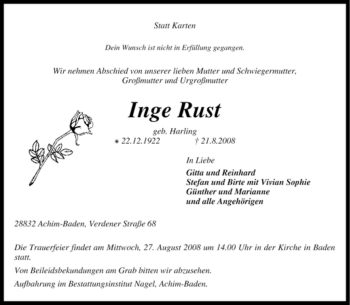 Traueranzeige von Inge Rust von KREISZEITUNG SYKE
